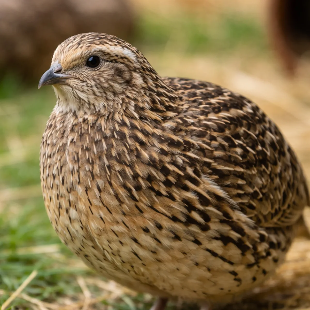 Two speckled coturnix quail standing on straw