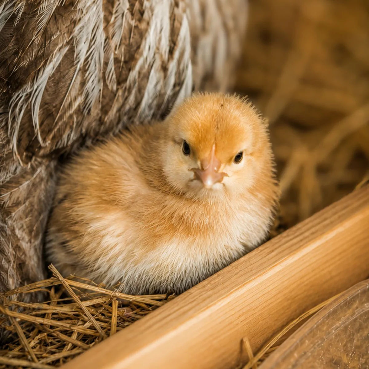 Barbara the chick nestled in straw beside a hen