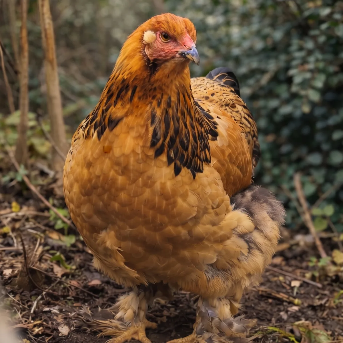 Cassandra the buff brahma hen standing in the garden