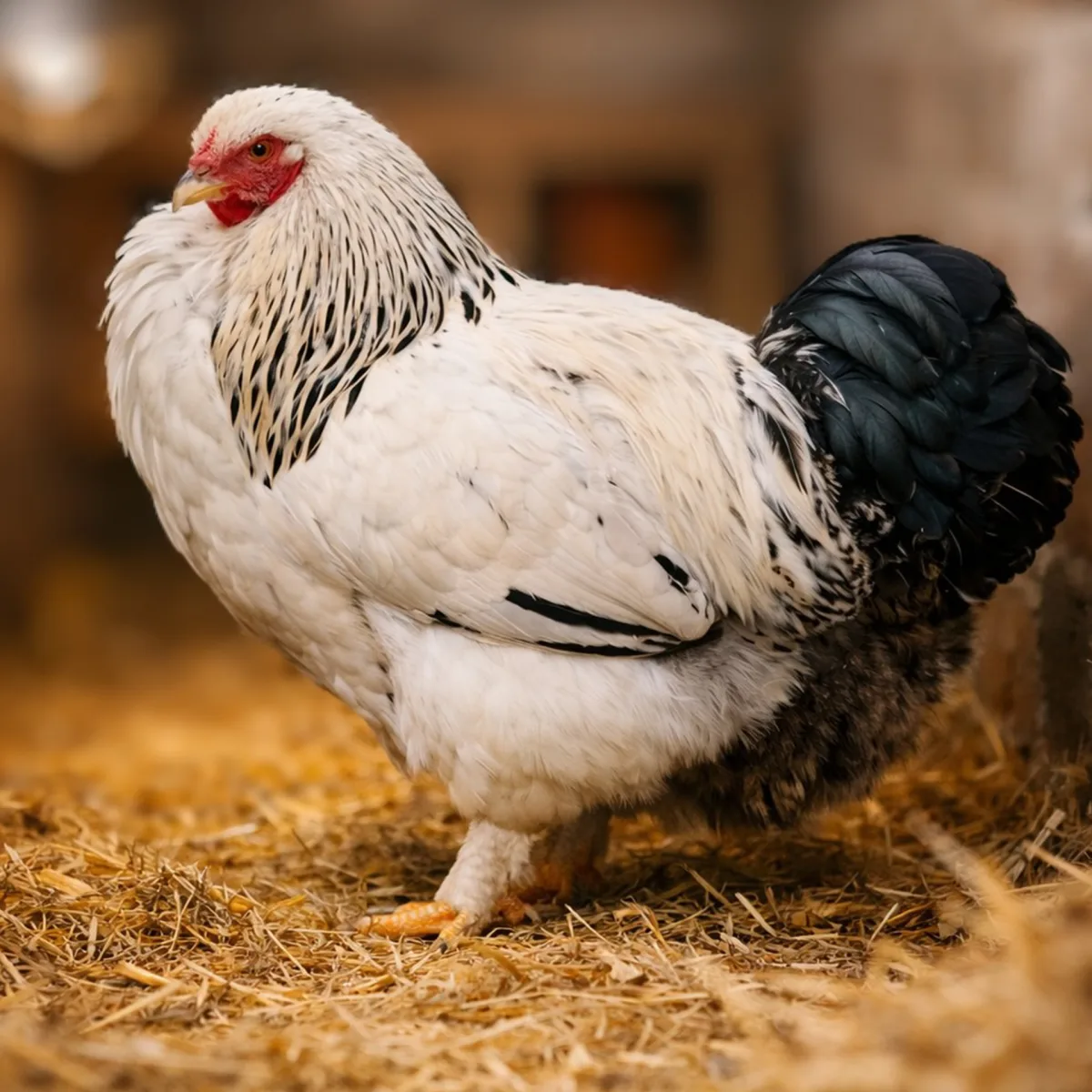 Derek the light brahma cockerel standing on straw