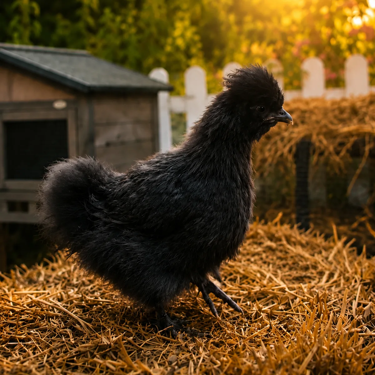Gladys the black silkie strutting across the straw
