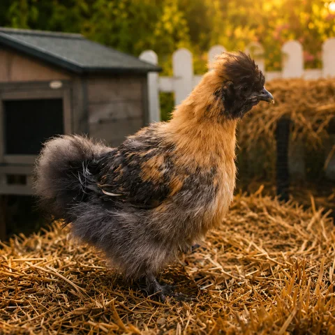 Jacqueline the silkie in gold, amber and smoke feathers