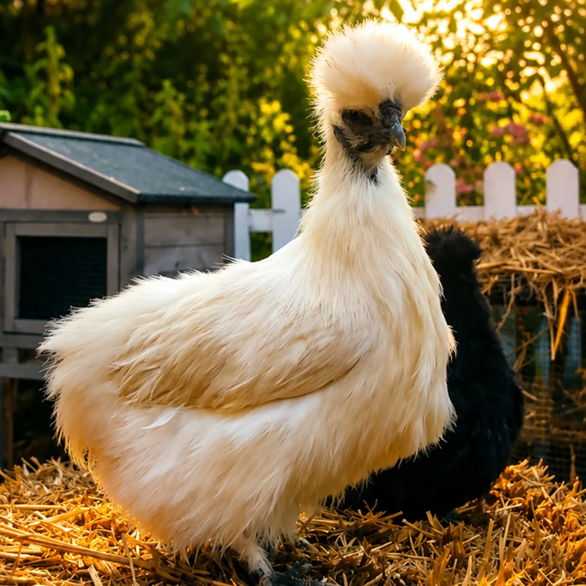 Kylie the white silkie posing in the evening sun