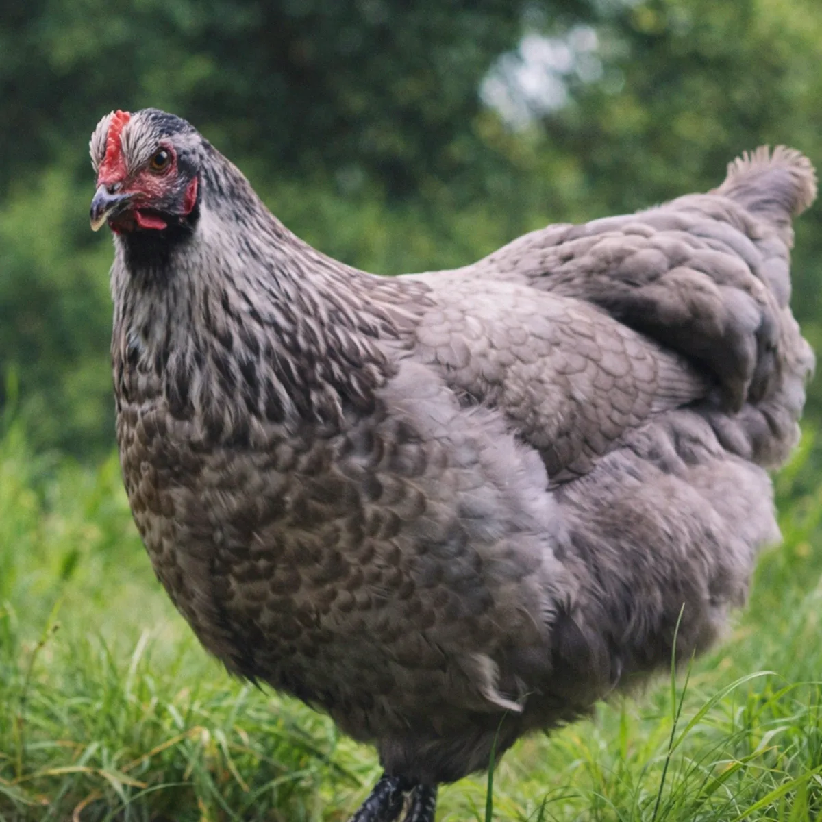 Marlene the blue brahma hen in the grass