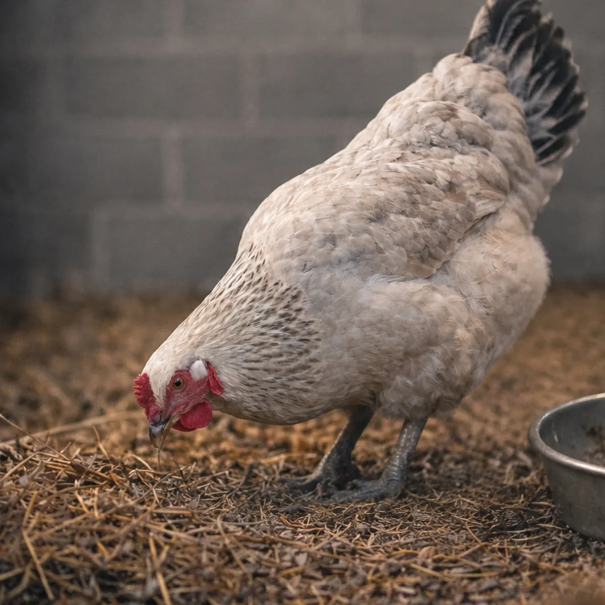 Raquel the light brahma hen foraging with her head down