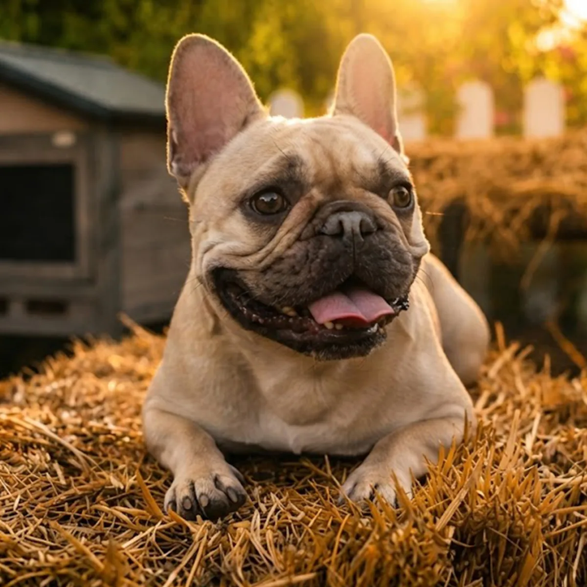 Ethel the French bulldog lying on a hay bale in the sun